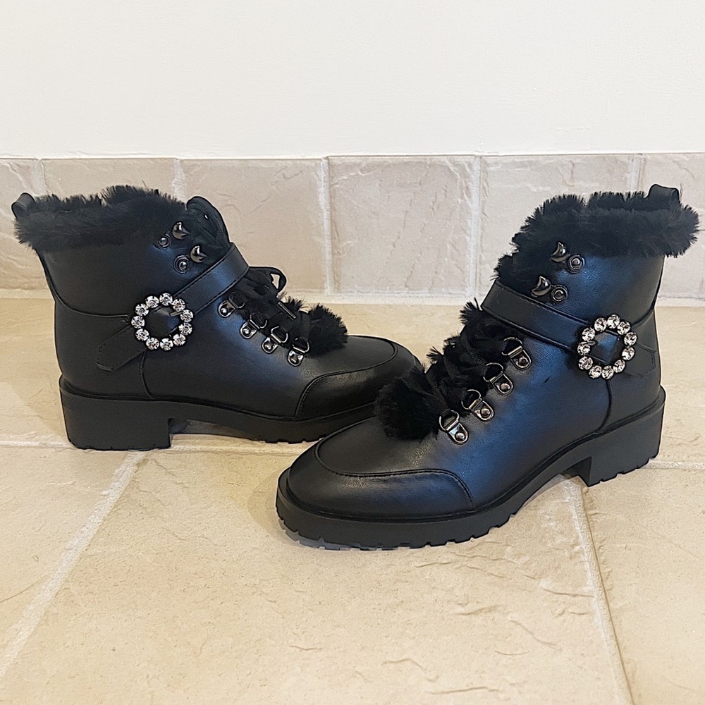 🆕 Nanette Lepore Imane faux fur leather lace up ankle boots rhinestone b…